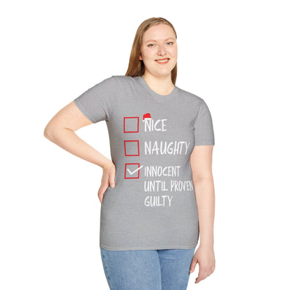 Nice Naughty Innocent Until Proven Guilty Christmas List Funny T-Shirt