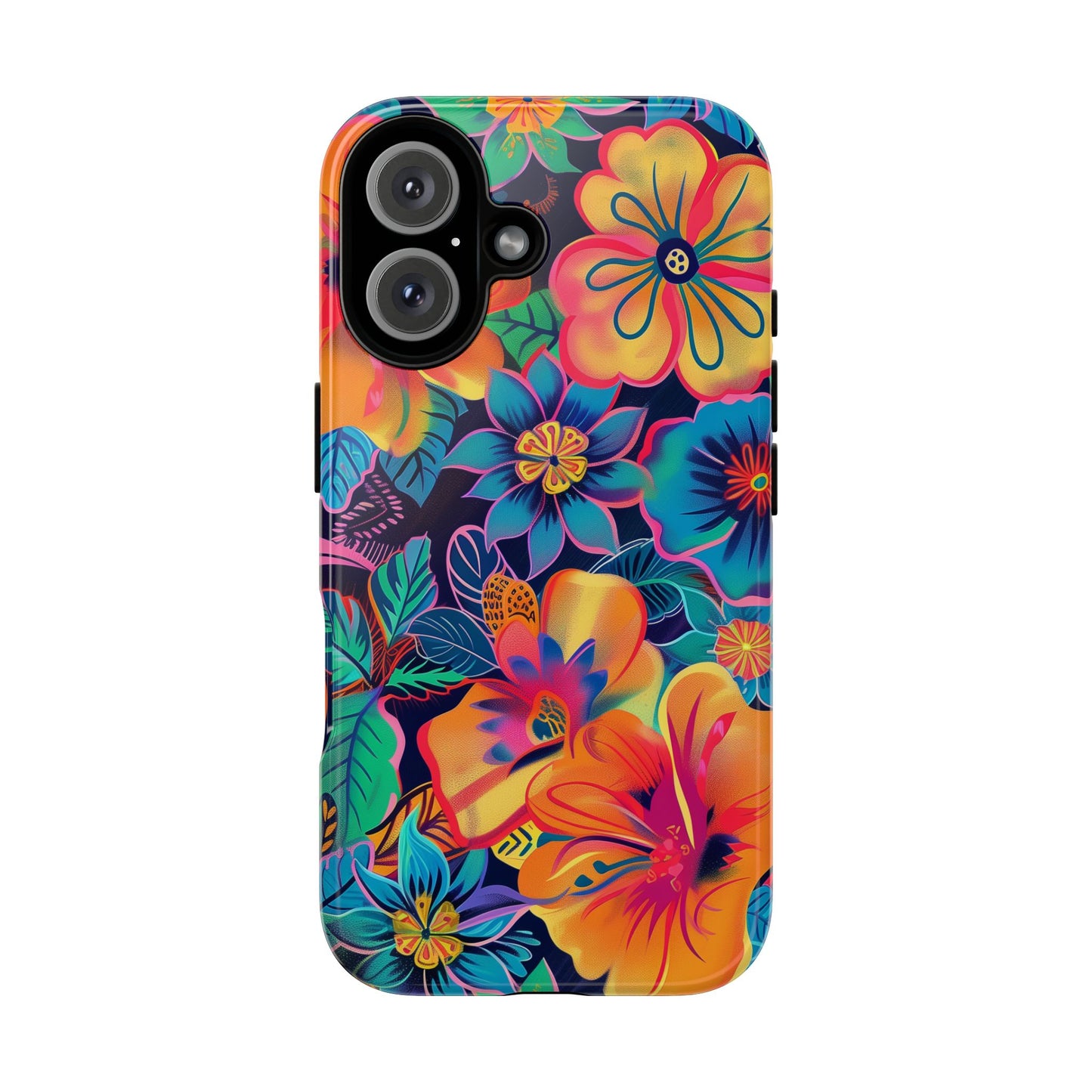 Floral Fiesta Vibrant Pattern iPhone 13 14 15 16 Pro Max Plus Case Wireless Charging Compatible Tough Cases Protection, Magnetic Phone Case for iPhone Classic Series