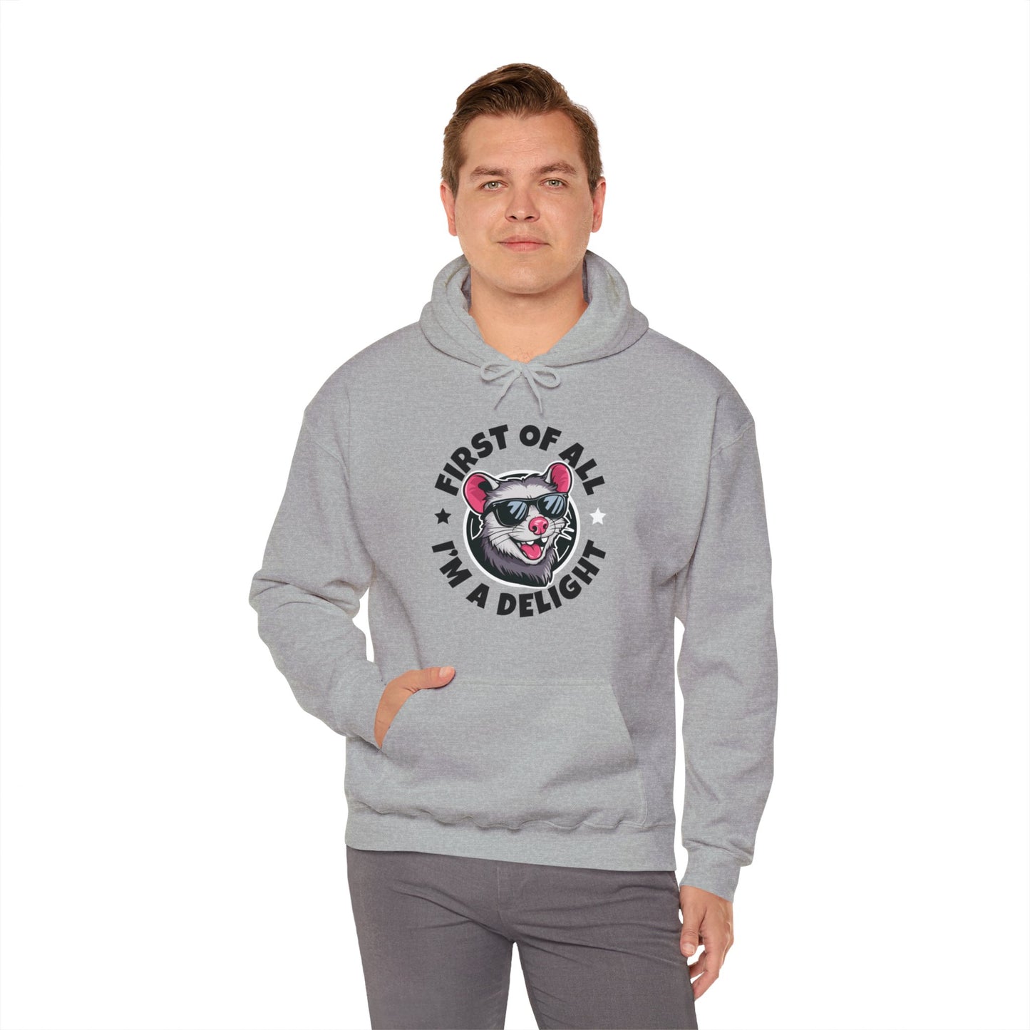Funny First Of All I'm A Delight Sarcastic Angry Opossum Possum Hoodie For Men Women Hoodie