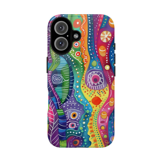 Abstract Rainbow Doodle Pattern iPhone 16 Pro Max Plus Case Wireless Charging Compatible Tough Cases Protection, Magnetic Phone Case for iPhone Classic Series