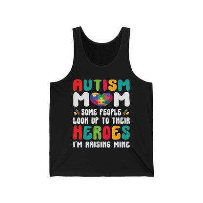 Funny Autism Mom Raising Hero Groovy Messy Bun Autism Awareness Tank Top For Men Women Tank Top