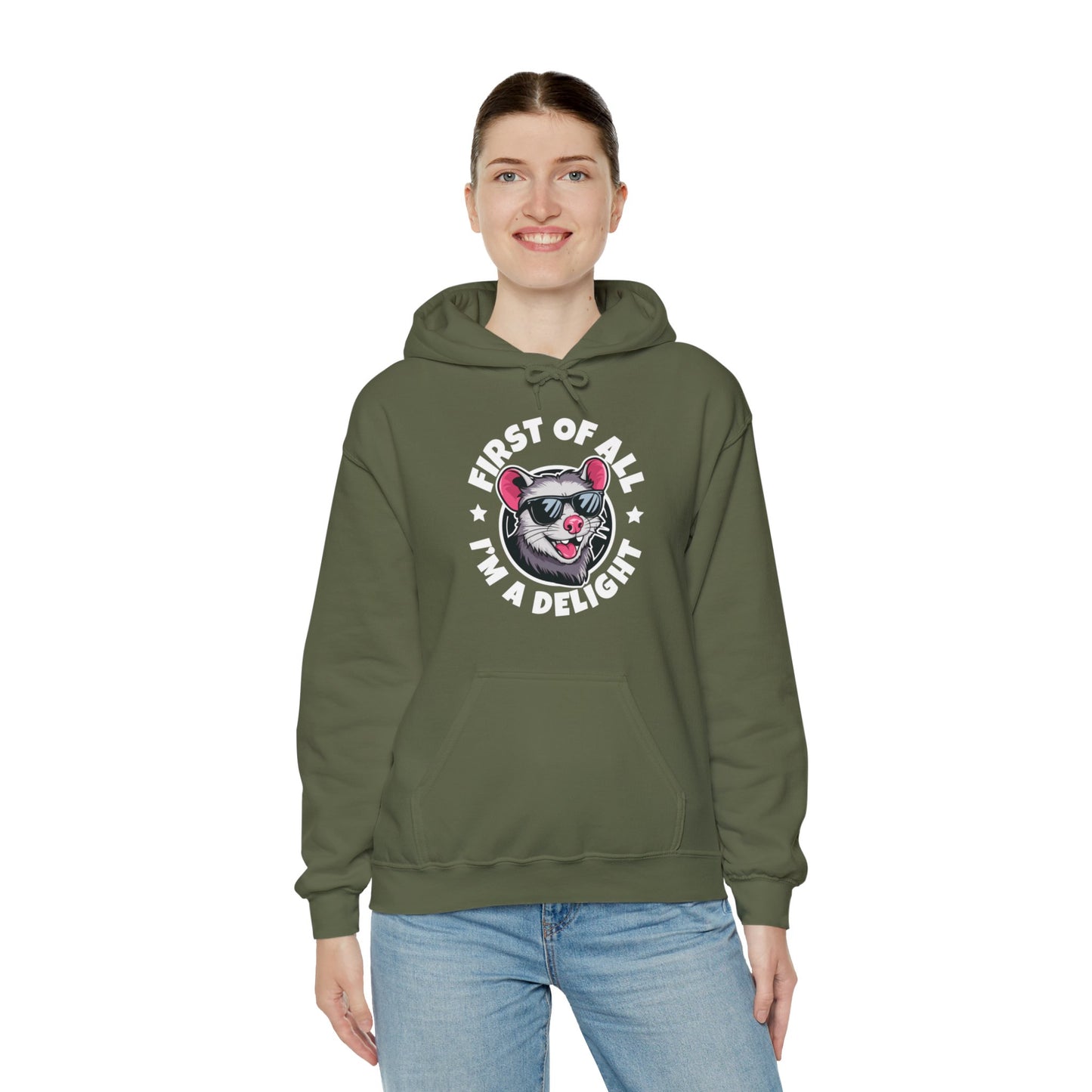 Funny First Of All I'm A Delight Sarcastic Angry Opossum Possum Hoodie For Men Women Hoodie