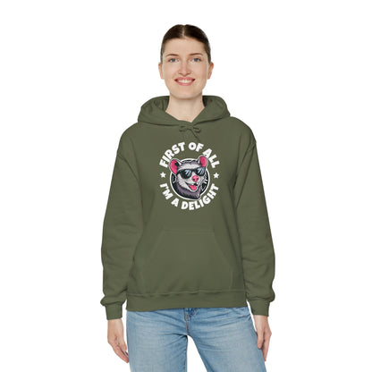 Funny First Of All I'm A Delight Sarcastic Angry Opossum Possum Hoodie For Men Women Hoodie