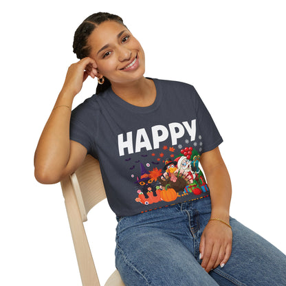 Funny Happy Hallothanksmas Halloween Thanksgiving Christmas Mash Up T-Shirt Men Women Kids