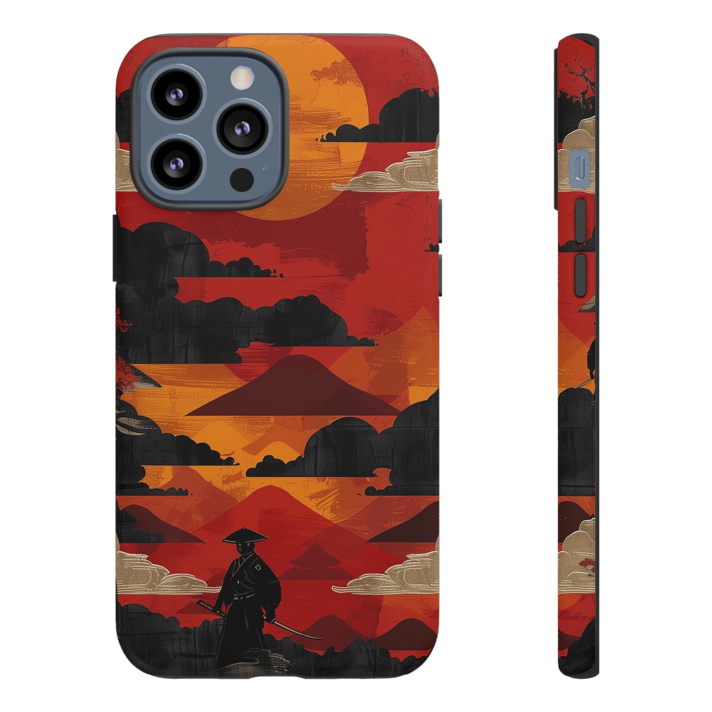 Samurai Sunset Vibrant Pattern iPhone 13 14 15 16 Pro Max Plus Case Wireless Charging Compatible Tough Cases Protection, Magnetic Phone Case for iPhone Classic Series