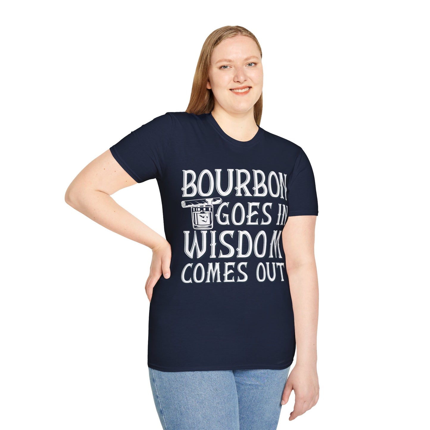 Funny Bourbon Goes In Wisdom Comes Out Drinking Lover Gift T-Shirt