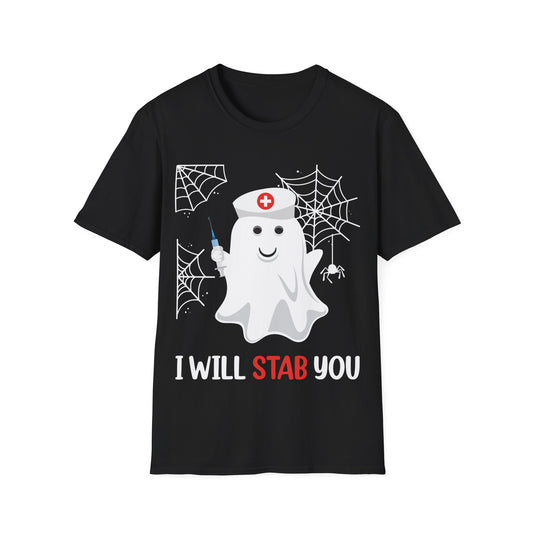 Funny Nurse Ghost I Will Stab You Shot Halloween Boo Women T-Shirt