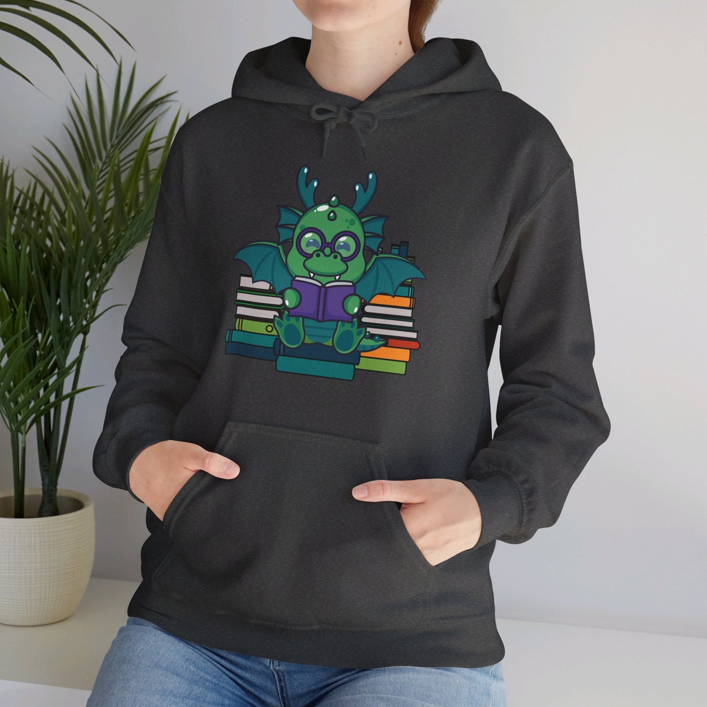 Funny Dragon and Books Nerds Cute Dragon Reading A Book Hoodie For Men Women Hoodie