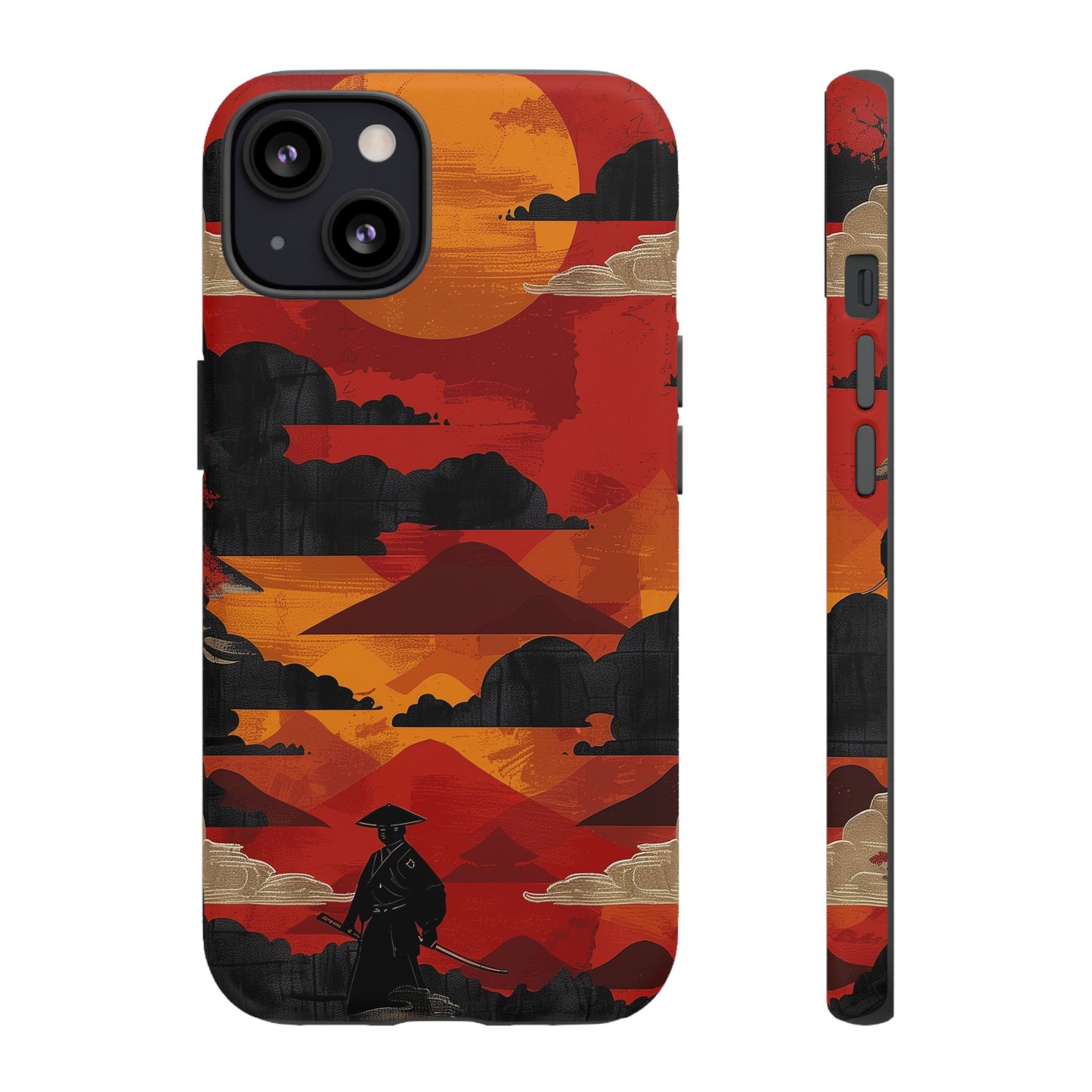 Samurai Sunset Vibrant Pattern iPhone 13 14 15 16 Pro Max Plus Case Wireless Charging Compatible Tough Cases Protection, Magnetic Phone Case for iPhone Classic Series