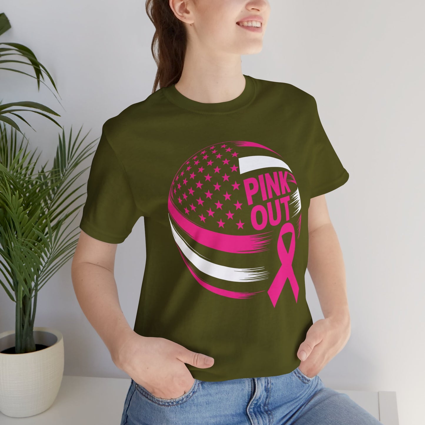 Volley Ball Pink Ribbon Breast Cancer Awearness USA Flag T-Shirt For Men Women