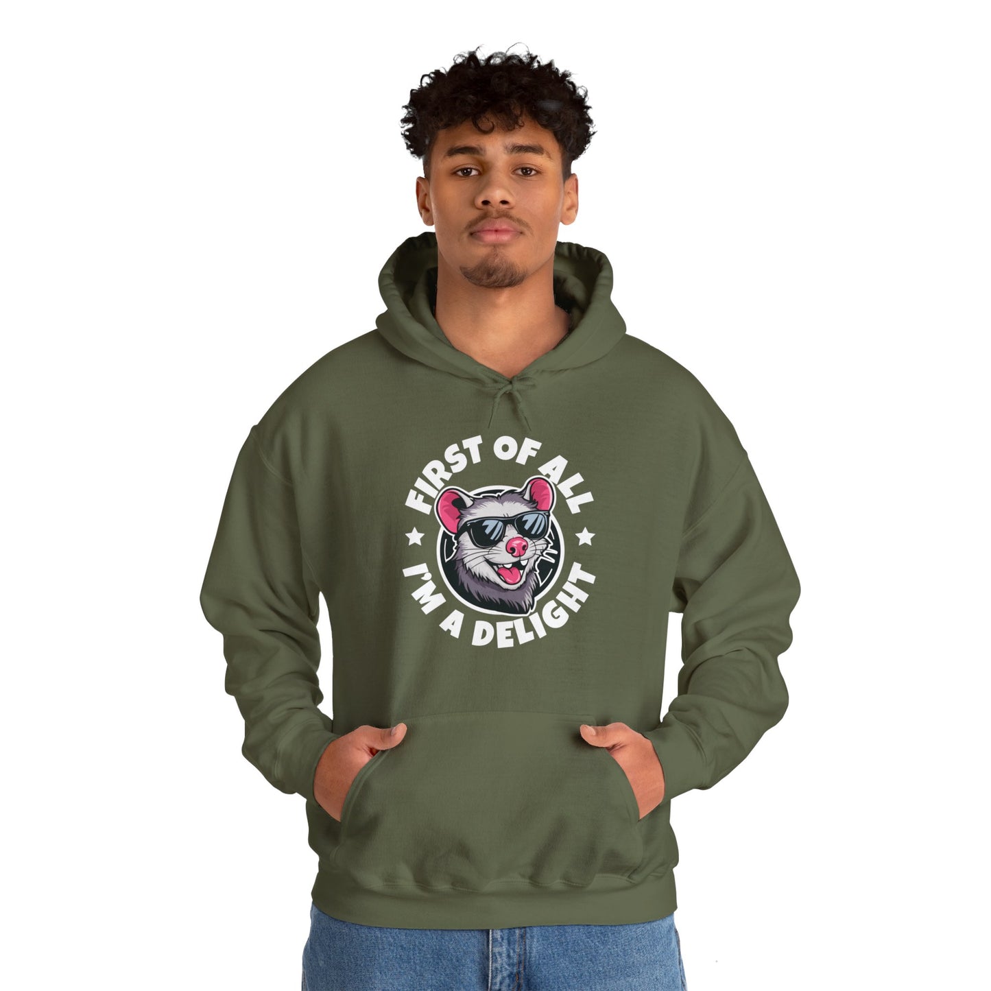 Funny First Of All I'm A Delight Sarcastic Angry Opossum Possum Hoodie For Men Women Hoodie