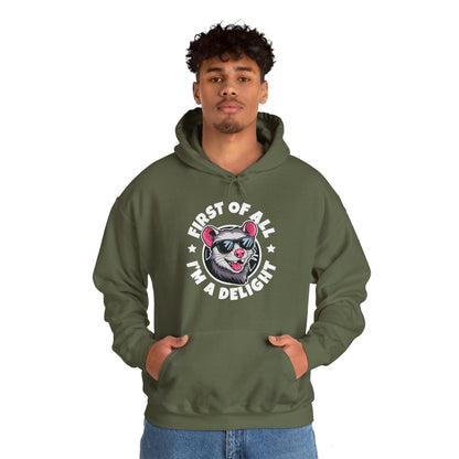 Funny First Of All I'm A Delight Sarcastic Angry Opossum Possum Hoodie For Men Women Hoodie