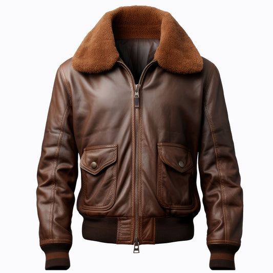 Men Bomber Leather Jacket Lapel Fur Bomber Pilot Hooded Coat Front Pockets Genuine Leather Jackets