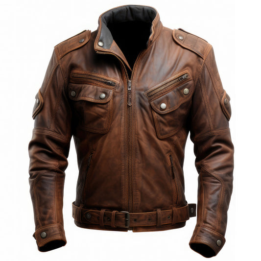Mens Aviation Genuine Leather Jacket Military Lapel Zipper Front Pockets Pilot Vintage Leather Jackets