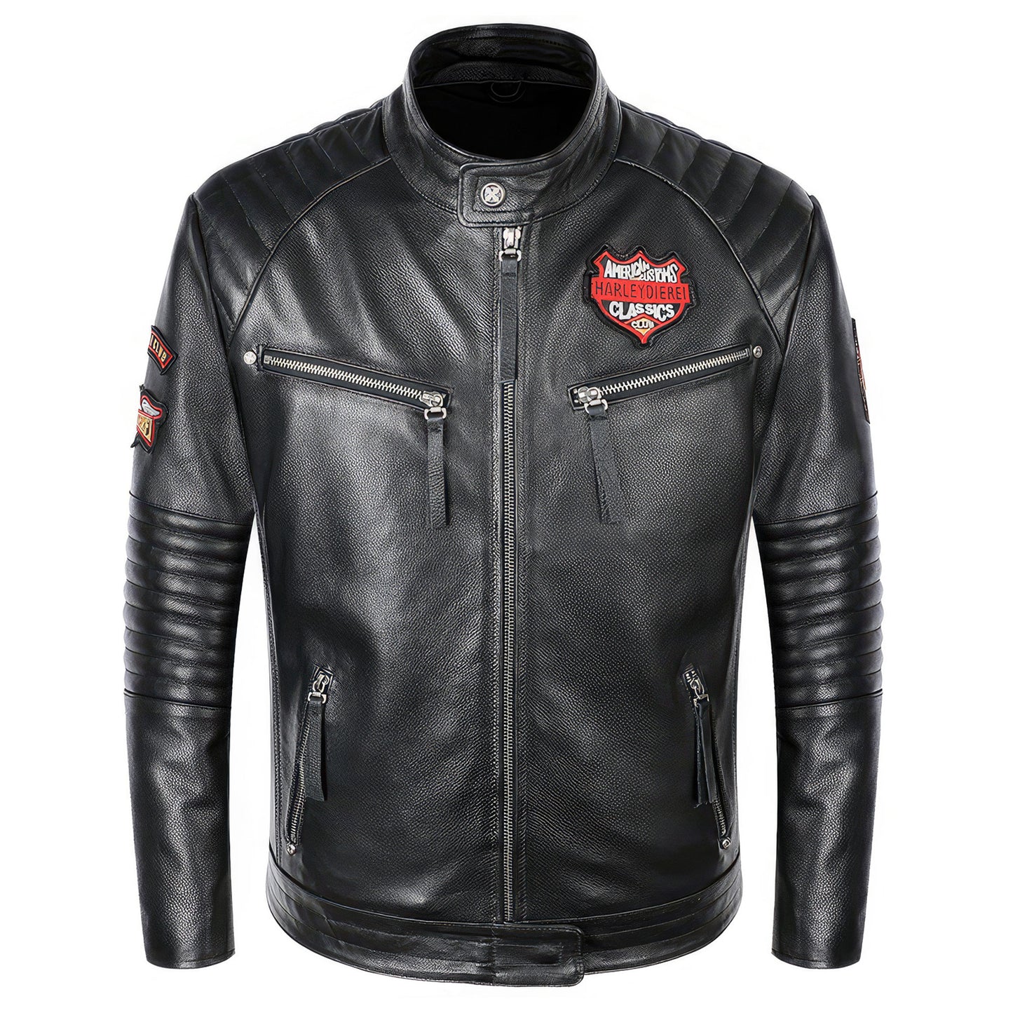 Mens Skull Embroidery Motorcycle Biker Leather Jacket Natural Genuine Leather Jacket Coat