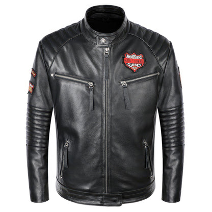 Mens Skull Embroidery Motorcycle Biker Leather Jacket Natural Genuine Leather Jacket Coat