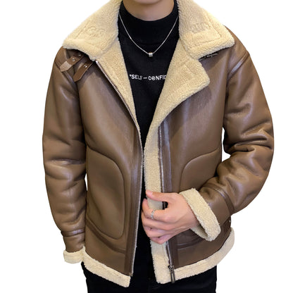 Mens Slim Fit Lapel Casual Leather Jacket Fashion Coat Fashion Leather Jackets