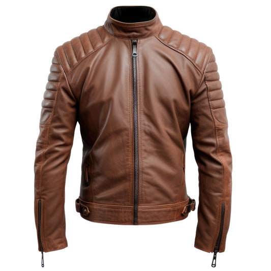 Mens Leather Jacket Puffer Cafe Racer Slim Fit Brown Zipper Pocket Moto Biker Genuine Leather Jackets