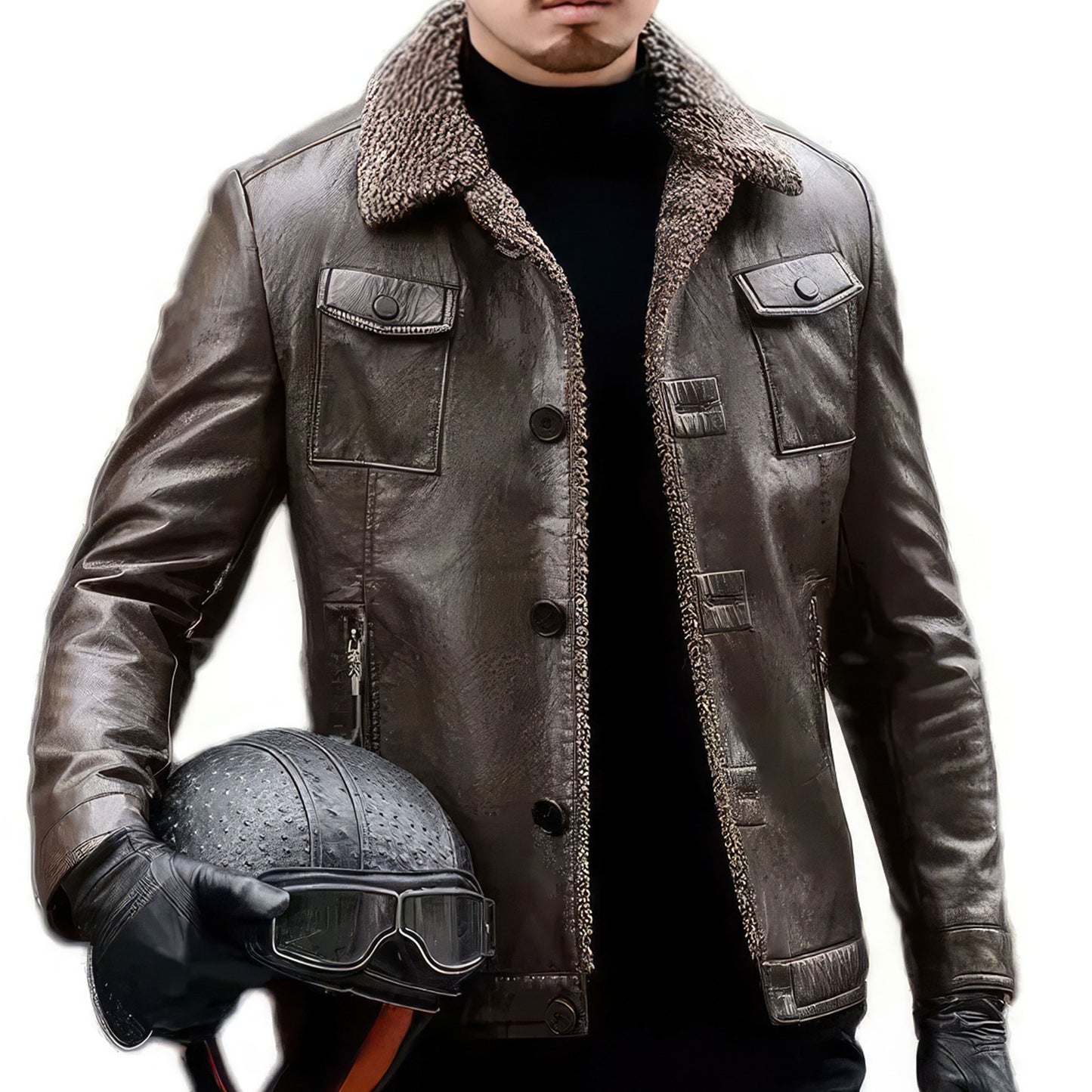 Men's Leather Winter Slim Fitting Plush Wool Lapel PU Biker Jacket Men Leather Motorcycle Coat Genuine Leather Jackets