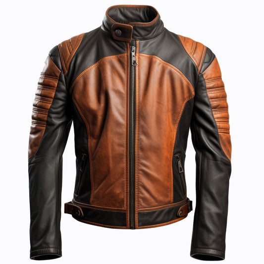 Mens Cafe Racer Casual Motorcycle Sheepskin Coat Zipper Pockets Stand Collar Genuine Leather Jackets