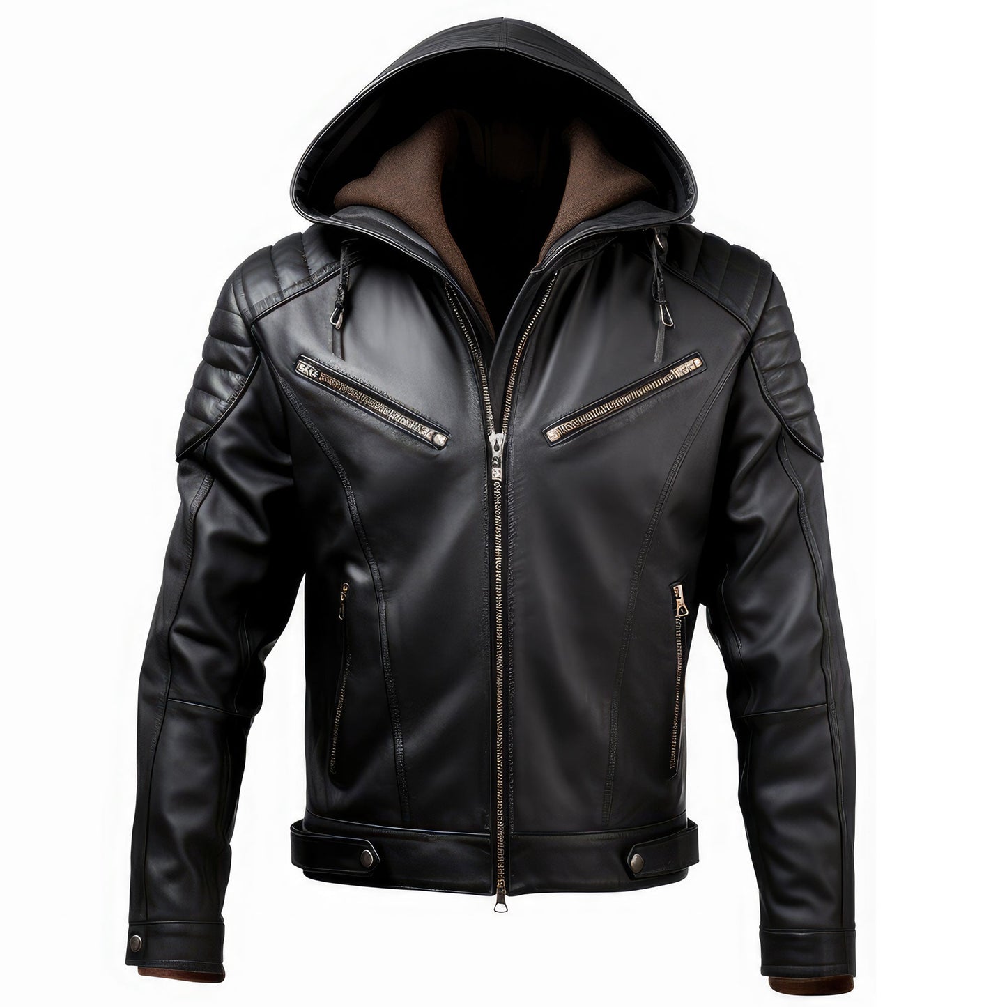 Mens Hooded Leather Jacket Motorcycle Biker Multi Zipper Quilted Genuine Leather Jackets