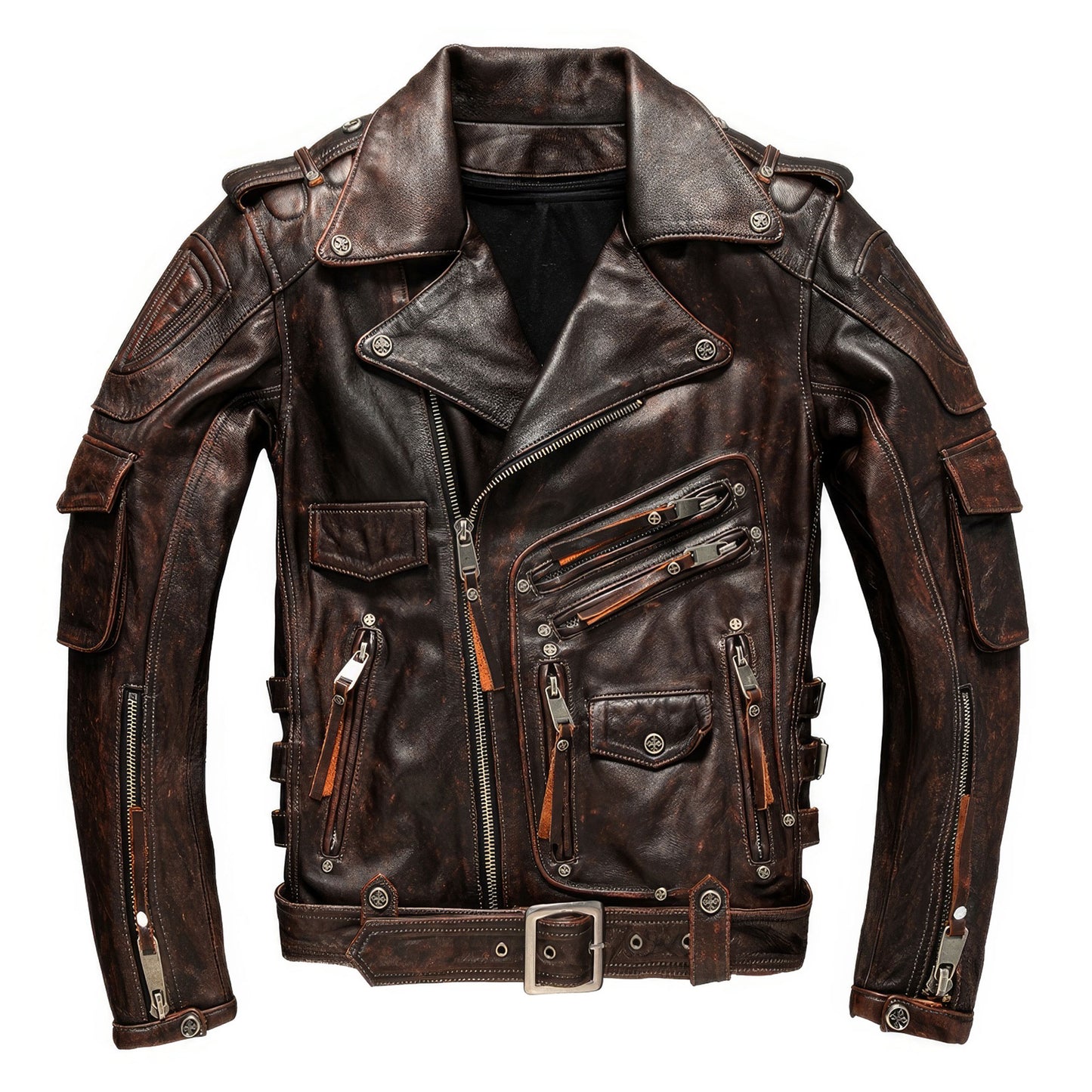 Motorcycle Vintage Brown Autumn Jacket Men Diagonal Zipper Natural Thick Cowhide Genuine Leather Jackets