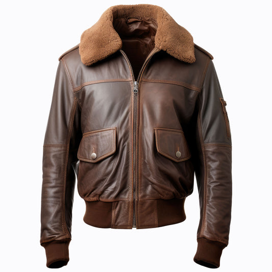 Men Bomber Leather Jacket Lapel Fur Bomber Pilot Coat Front Pockets Genuine Leather Jackets