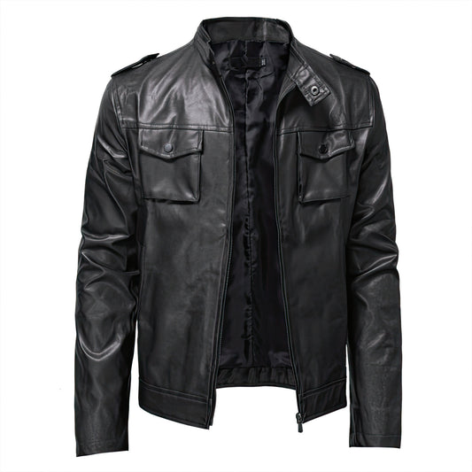 Mens Business Standup Collar Motorcycle Leather Jacket Youth Handsome Tooling Pocket Coat Genuine Leather Jackets