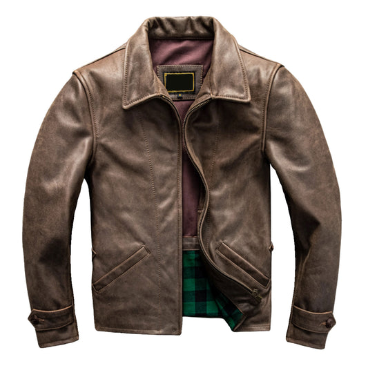 Retro Brown Leather Coat Men American Casual Style Natural Cowhide Slim Fit Genuine Leather Jacket