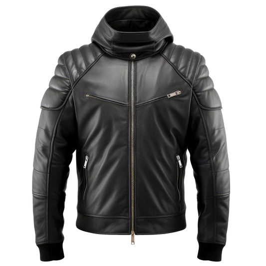 Mens Puffer Leather Jacket Racer Biker Fit Black Zipper Pocket Motorbike Genuine Leather Jackets