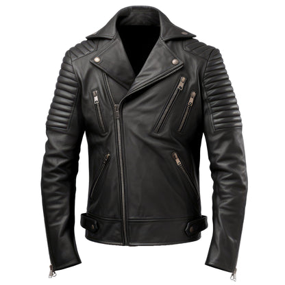 Mens Blazer Leather Jacket Black Lapel Punk Motorcycle Biker Zipper Genuine Leather Jackets