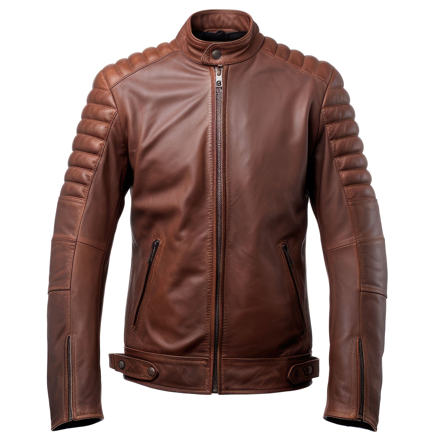 Mens Puffer Leather Biker Jacket Cafe Racer Slim Fit Front Zipper Pocket Moto Genuine Leather Jackets