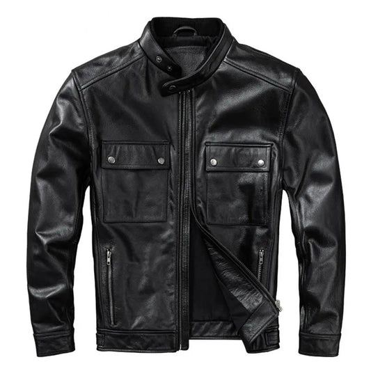 Men Genuine Jacket Stand Collar Casual Mens Jackets Top Layer Cowhide Leather Coat