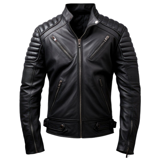 Mens Puffer Leather Biker Jacket Racer Fit Black Multi Zipper Pocket Moto Rider Genuine Leather Jackets