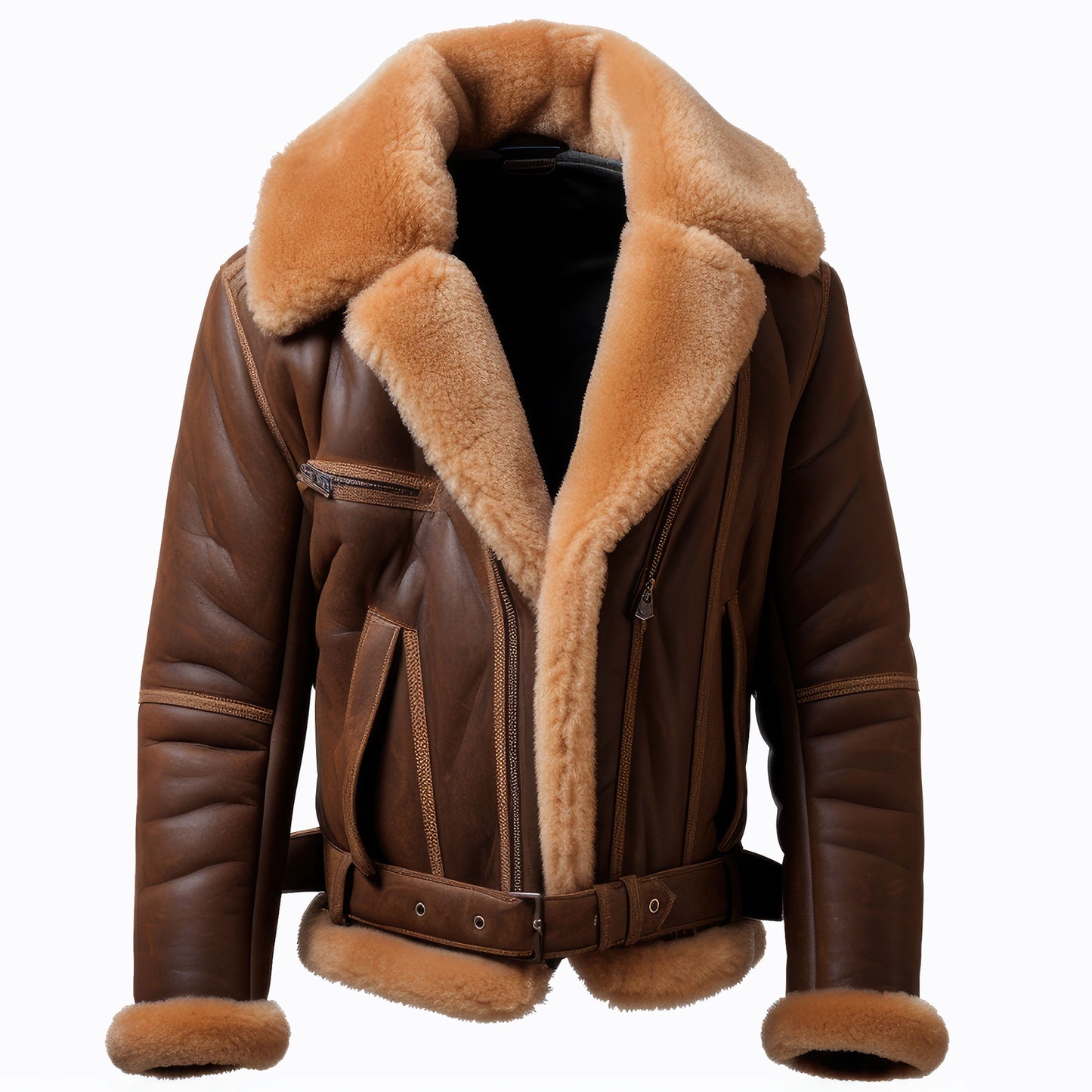 Men Shearling Lapel Fur Leather Jacket B3 Bomber Coat Side Pockets Aviation Genuine Leather Jackets