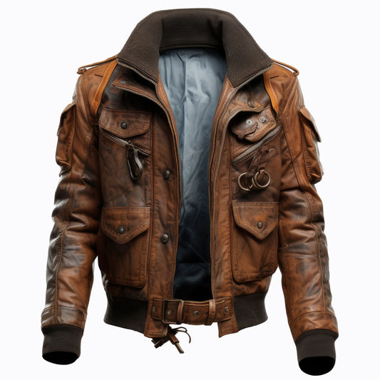 Men Bomber Leather Jacket Flight Coat Multi Pockets Stand Collar Genuine Leather Jackets