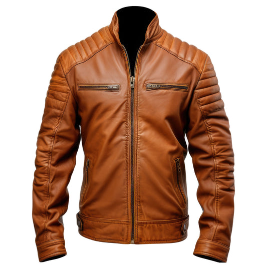 Mens Leather Biker Jacket Puffer Cafe Racer Slim Fit Multi Zipper Moto Genuine Leather Jackets