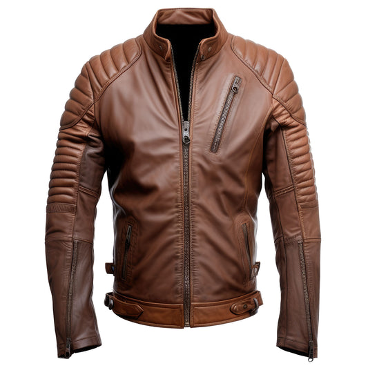 Mens Leather Jacket Puffer Cafe Racer Slim Fit Front Zipper Pocket Moto Biker Genuine Leather Jackets