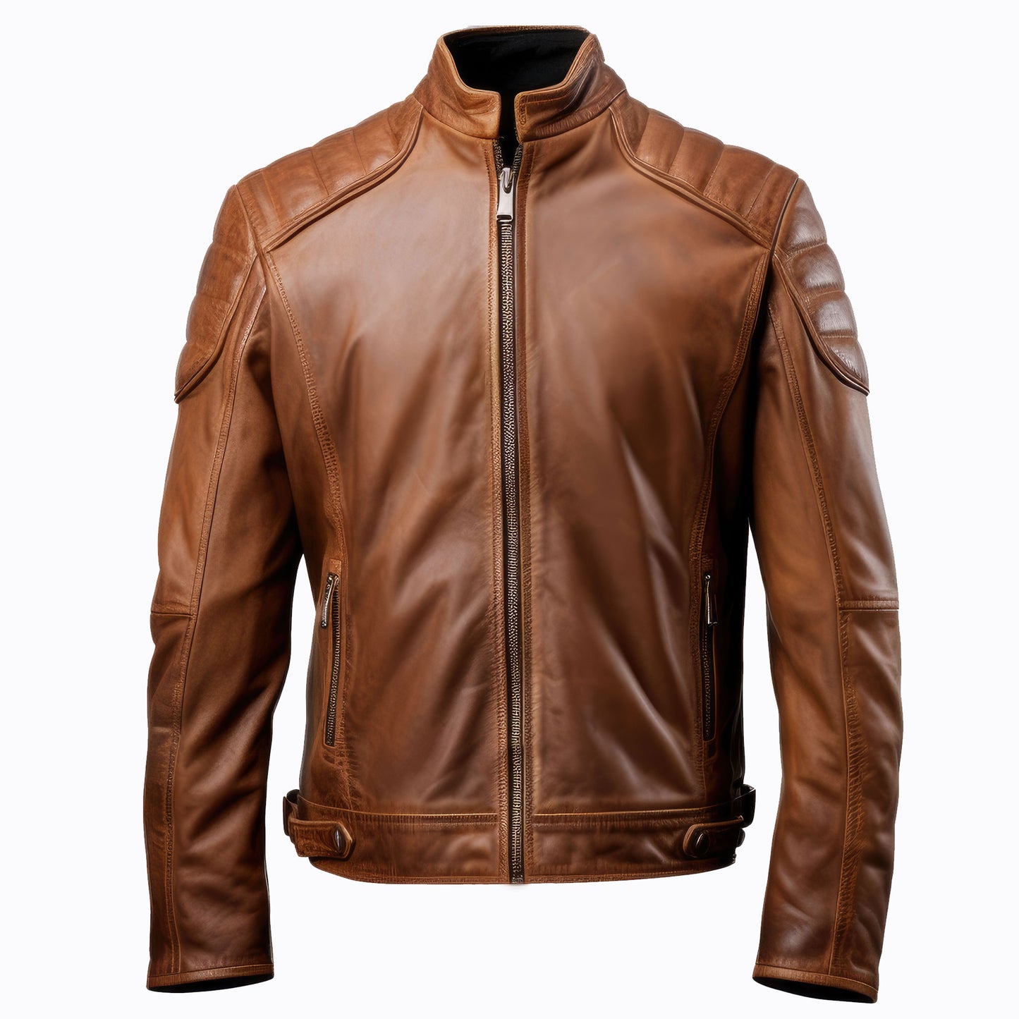 Mens Cafe Racer Casual Motorcycle Sheepskin Coat Zipper Pockets Stand Collar Brown Genuine Leather Jackets