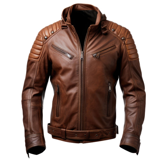 Mens Leather Biker Jacket Puffer Cafe Racer Slim Fit Zipper Pocket Moto Genuine Leather Jackets