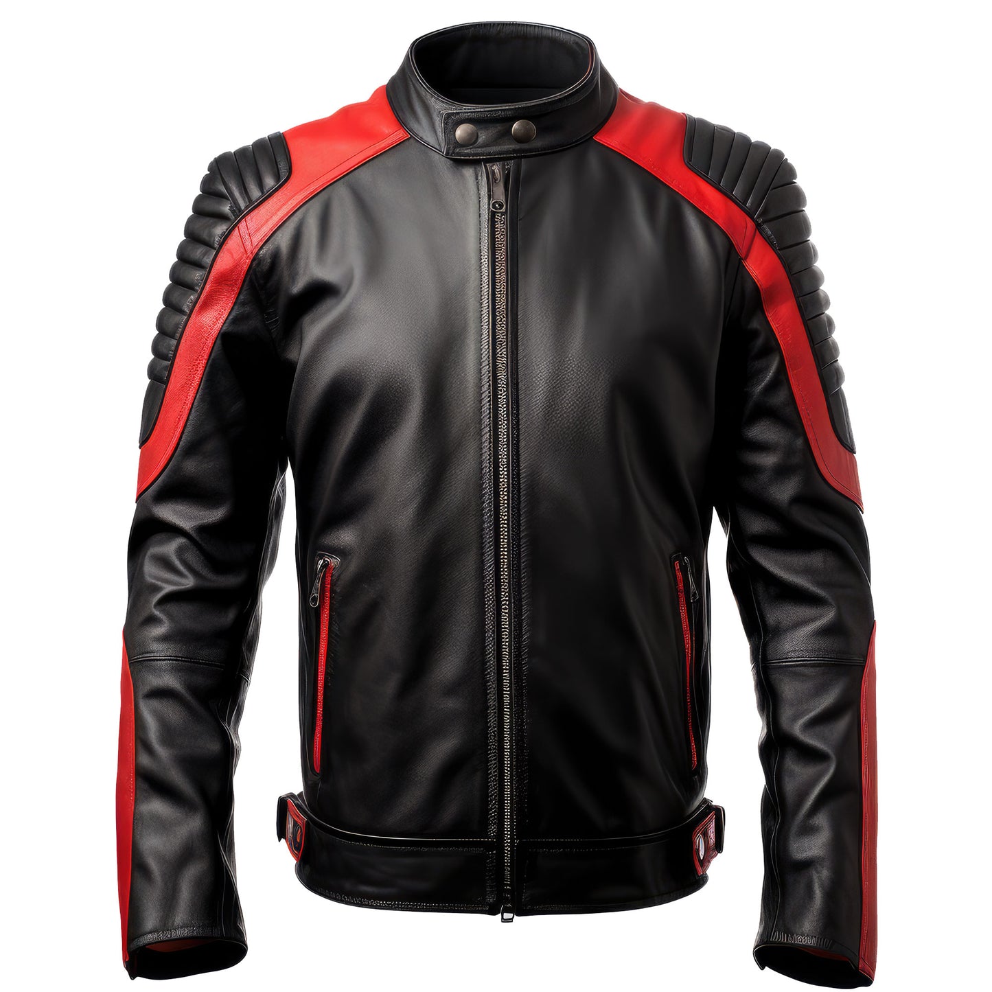 Mens Racer Leather Jacket Casual Motorcycle Sheepskin Coat Zipper Pockets Red Contrast Genuine Leather Jackets