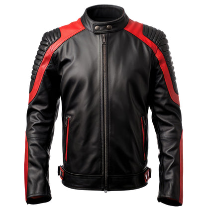 Mens Racer Leather Jacket Casual Motorcycle Sheepskin Coat Zipper Pockets Red Contrast Genuine Leather Jackets