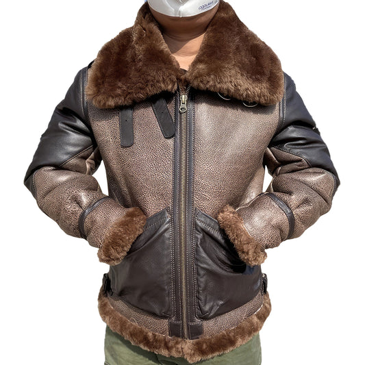 Mens Real Fur Pilot Short Jacket Mixed Colors Thicken Warm Wool Motorcycle Genuine Leather Coat Shearling Jackets