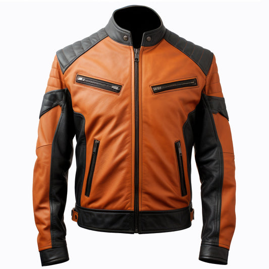 Mens Cafe Racer Casual Motorcycle Sheepskin Coat Multi Zipper Pockets Stand Collar Contrast Genuine Leather Jackets