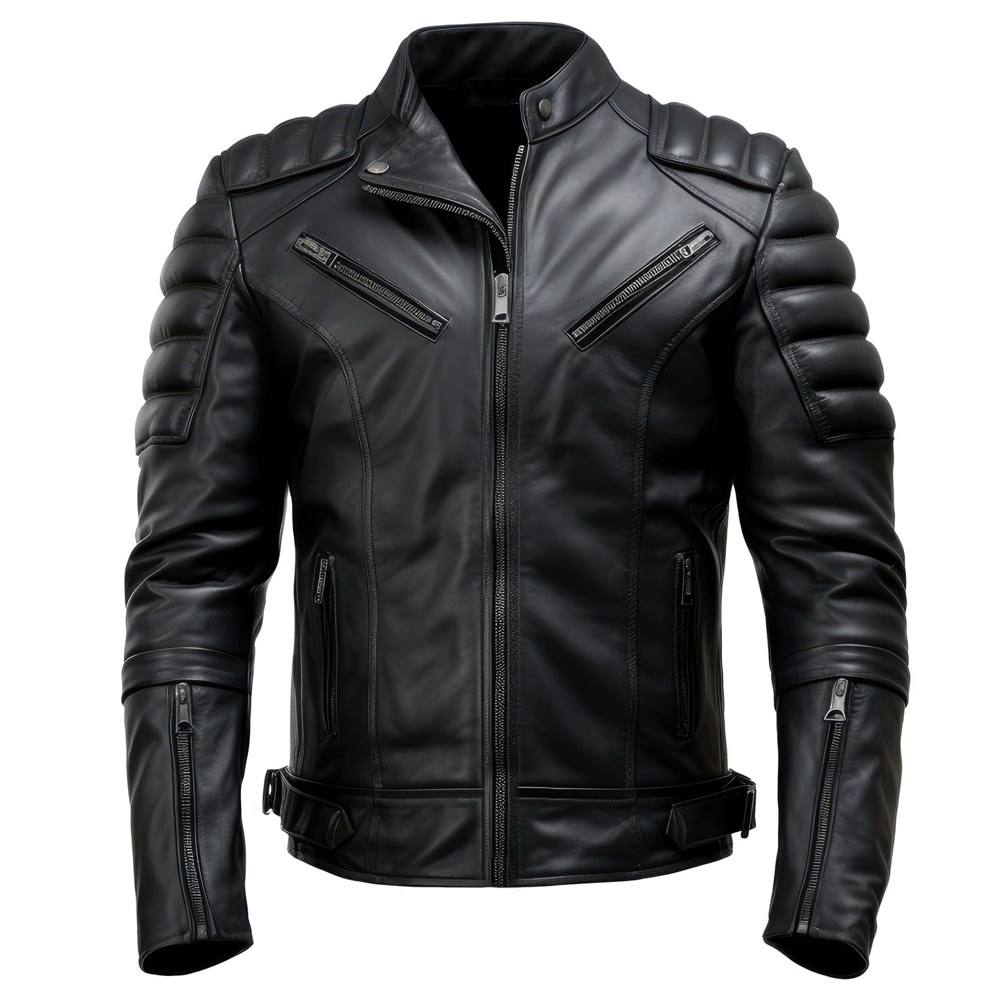 Mens Puffer Biker Leather Jacket Cafe Racer Fit Black Zipper Pocket Moto Genuine Leather Jackets