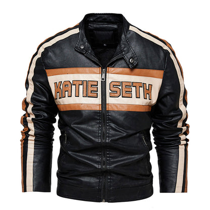 Men Coat Contrast Standing Collar Casual Motorcycle Jacket Windproof Warm Genuine Leather Jackets