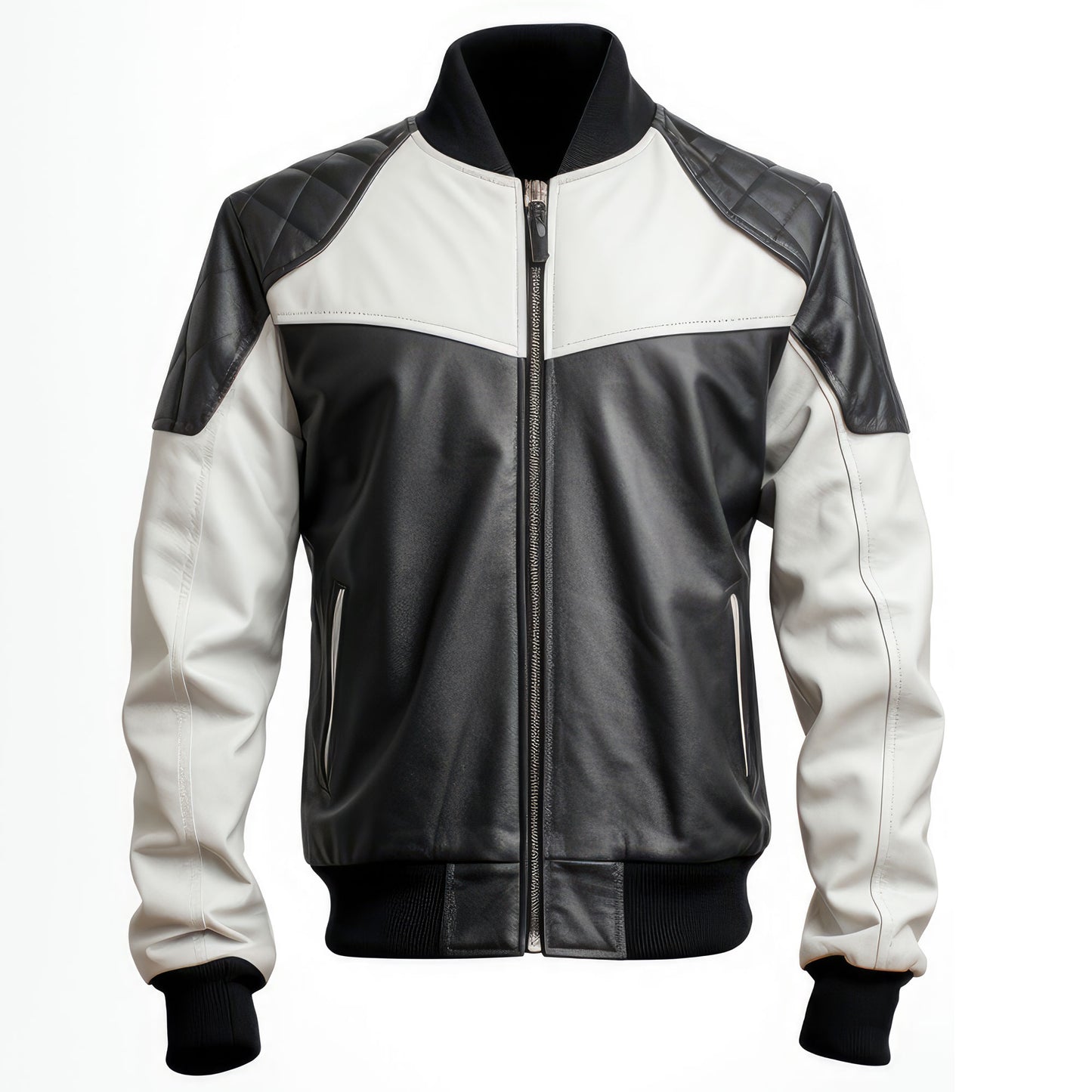 Mens Black White Varsity College Varsity Jackets Bomber Zipper Contrast Genuine Leather Jackets