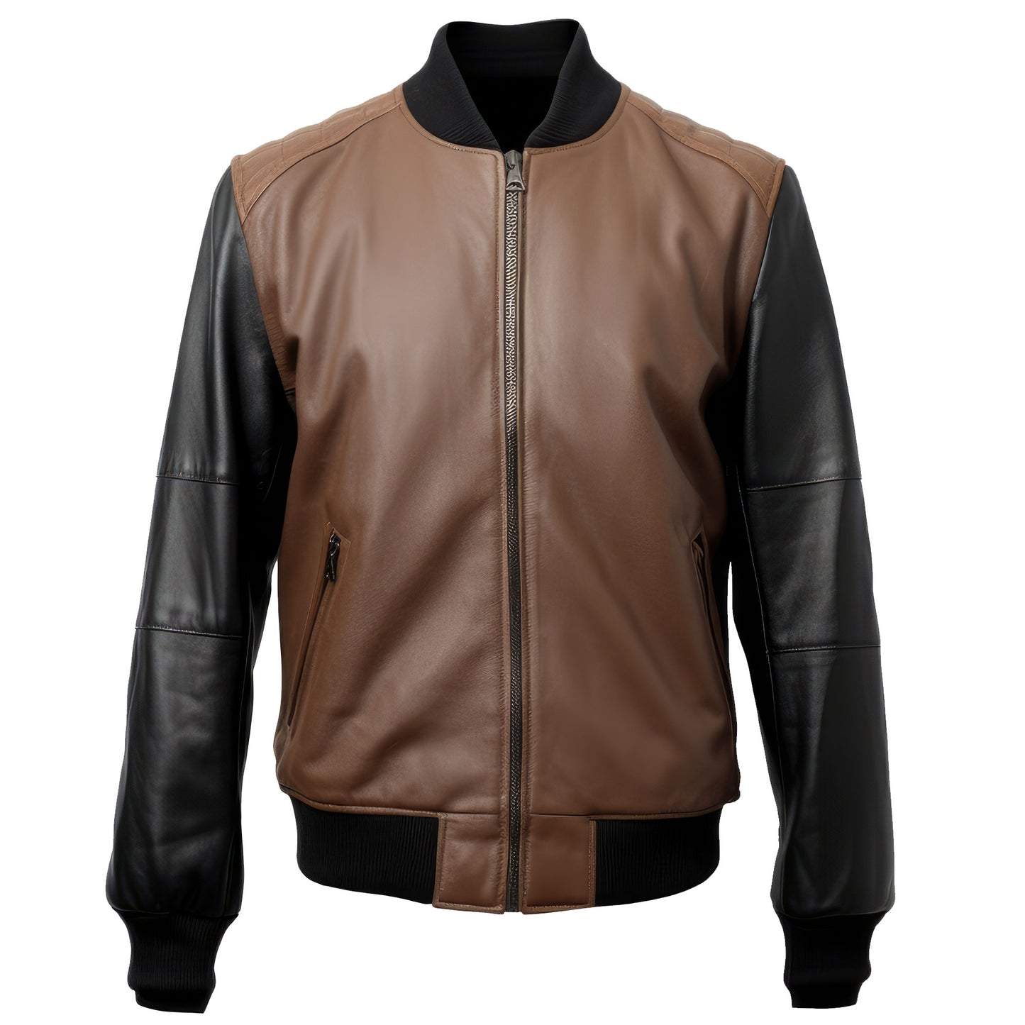 Mens Black Brown Varsity College Varsity Jackets Bomber Zipper Contrast Genuine Leather Jackets