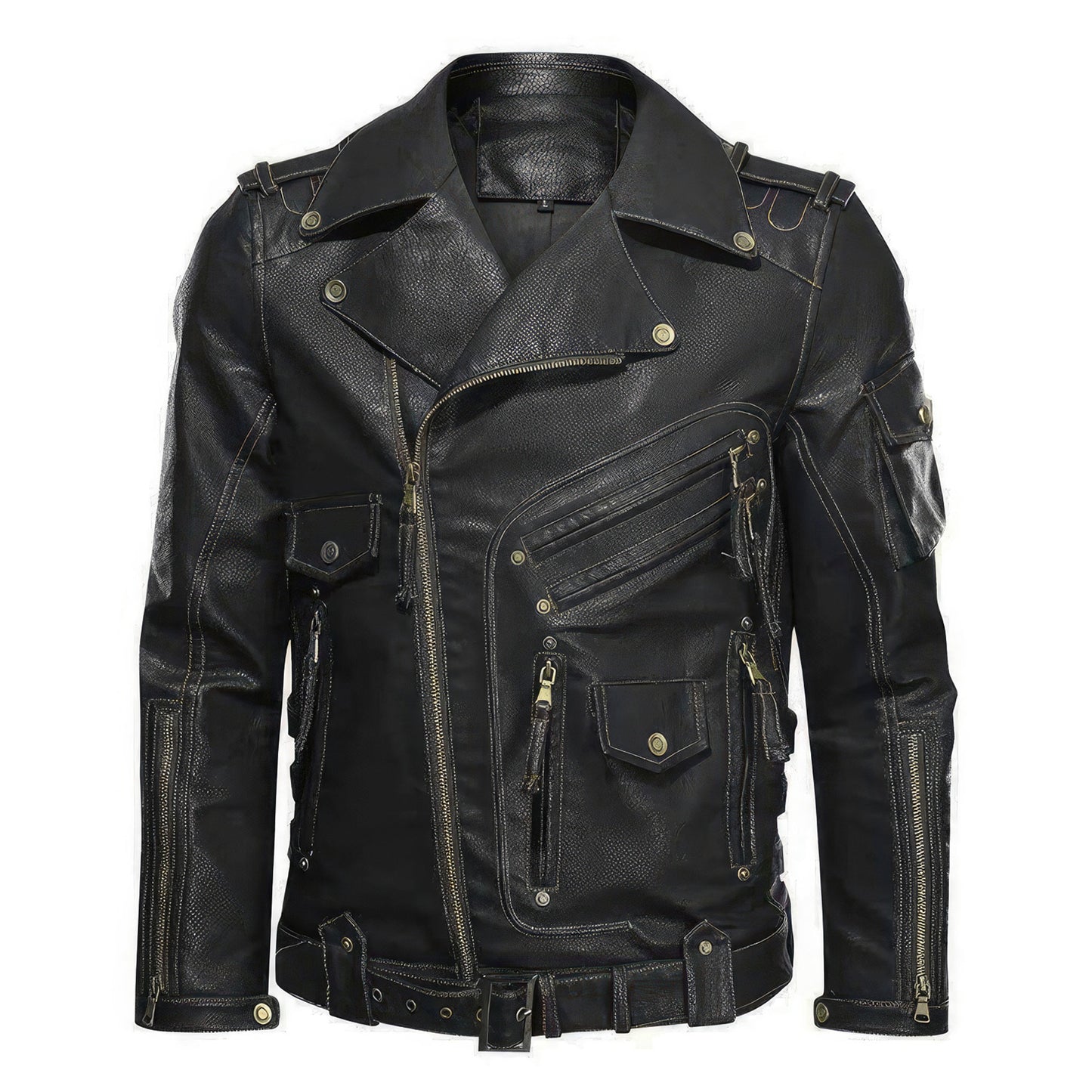 Mens Motorcycle Leather Jacket Male Autumn Cool Zipper Pockets Outwear Coats Genuine Leather Jackets