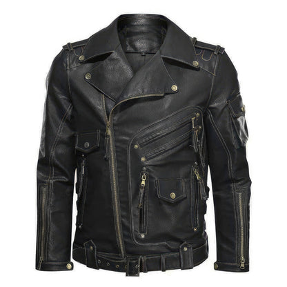 Mens Motorcycle Leather Jacket Male Autumn Cool Zipper Pockets Outwear Coats Genuine Leather Jackets